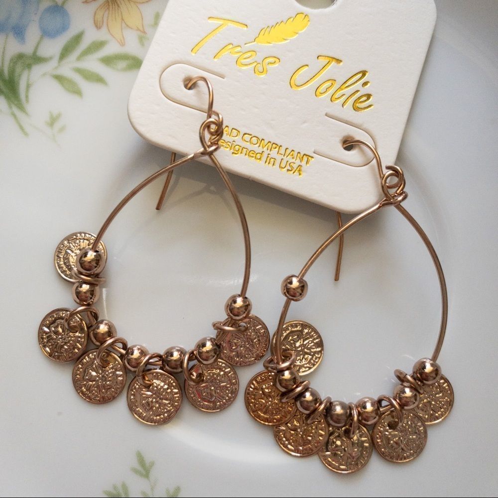 New Rose Gold Teardrop w/ Coin Charms Earrings